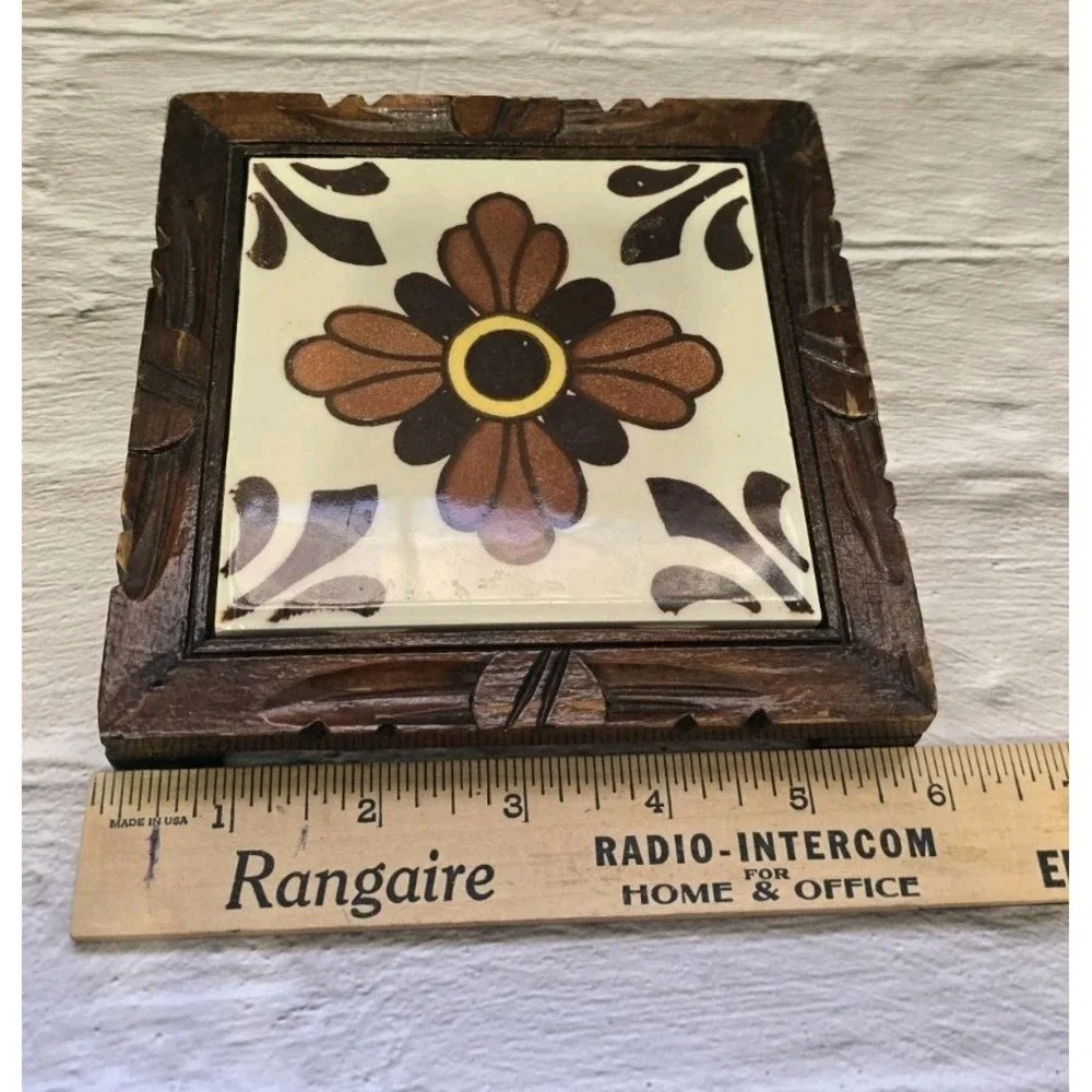 Vintage 1970s Footed Trivet With Wood Frame And Center Tile Design From Mexico